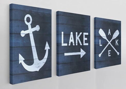 Nautical Anchor Navy Blue Wall Art Canvas - Lake Theme 11x14 Inch Prints (Set of 3) for Home, Bedroom, Living Room, Porch, Camper, Cabin - Gift for Lake Lovers in Kuwait