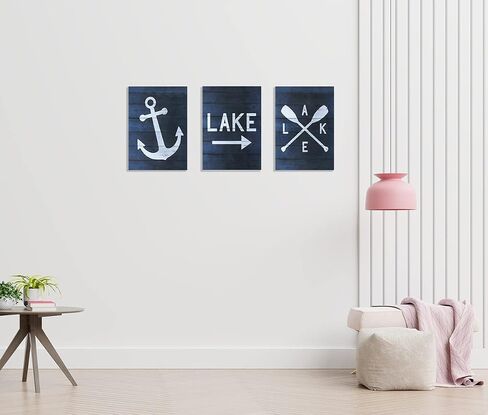 Nautical Anchor Navy Blue Wall Art Canvas - Lake Theme 11x14 Inch Prints (Set of 3) for Home, Bedroom, Living Room, Porch, Camper, Cabin - Gift for Lake Lovers in Saudi Arabia