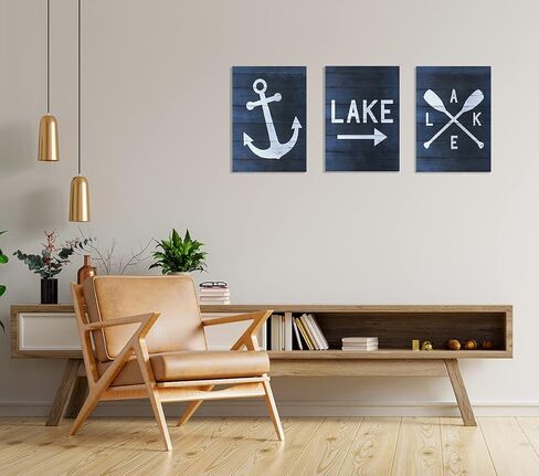 Nautical Anchor Navy Blue Wall Art Canvas - Lake Theme 11x14 Inch Prints (Set of 3) for Home, Bedroom, Living Room, Porch, Camper, Cabin - Gift for Lake Lovers in Kuwait