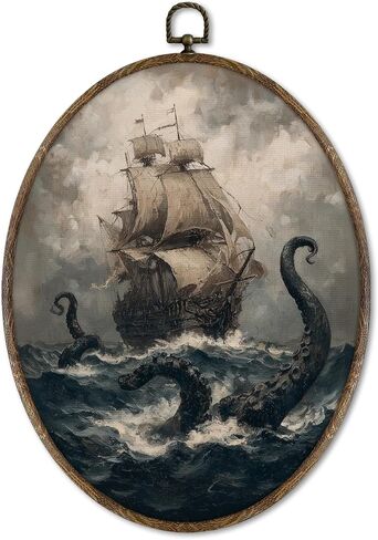XNXLDYLH Vintage Gothic Nautical Oval Framed Wall Art Decor, Dark Academia Fantasy Pirate Ship Hanging Wall Decor Decorations, Octopus Canvas Prints Wall Art Paintings for Bathroom, 8.5x11.5 Inches in Saudi Arabia