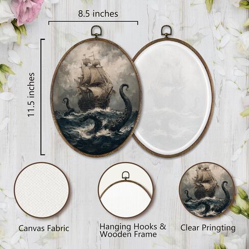 XNXLDYLH Vintage Gothic Nautical Oval Framed Wall Art Decor, Dark Academia Fantasy Pirate Ship Hanging Wall Decor Decorations, Octopus Canvas Prints Wall Art Paintings for Bathroom, 8.5x11.5 Inches in Saudi Arabia