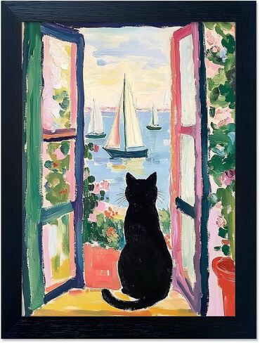 Framed Black Cat By the Sea Print Poster Henri Matisse Wall Art Funny Whimsical Cat Paintings Sailboats Artwork for Living Room Bedroom Bathroom Decor in Saudi Arabia