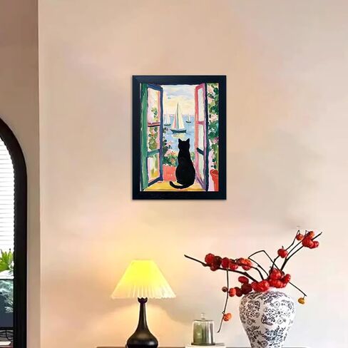 Framed Black Cat By the Sea Print Poster Henri Matisse Wall Art Funny Whimsical Cat Paintings Sailboats Artwork for Living Room Bedroom Bathroom Decor in Saudi Arabia