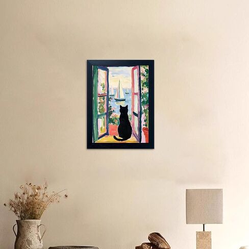 Framed Black Cat By the Sea Print Poster Henri Matisse Wall Art Funny Whimsical Cat Paintings Sailboats Artwork for Living Room Bedroom Bathroom Decor in Saudi Arabia