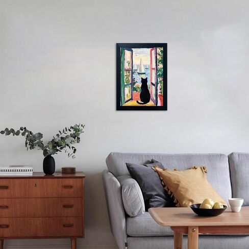 Framed Black Cat By the Sea Print Poster Henri Matisse Wall Art Funny Whimsical Cat Paintings Sailboats Artwork for Living Room Bedroom Bathroom Decor in Saudi Arabia