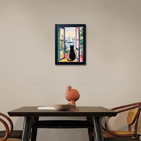 Framed Black Cat By the Sea Print Poster Henri Matisse Wall Art Funny Whimsical Cat Paintings Sailboats Artwork for Living Room Bedroom Bathroom Decor in Saudi Arabia