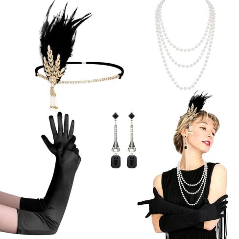 Ondder 4 PCS 1920s Flapper Accessories Set for Women, Gatsby Roaring 20s Costume Accessories with Feather Headband, Pearl Necklace, Long Gloves, Dangle Earrings in Saudi Arabia