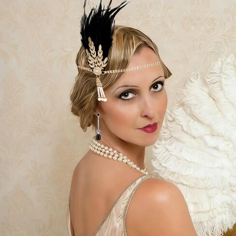 Ondder 4 PCS 1920s Flapper Accessories Set for Women, Gatsby Roaring 20s Costume Accessories with Feather Headband, Pearl Necklace, Long Gloves, Dangle Earrings in Saudi Arabia