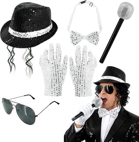 70s 80s Disco Costume Mens Dance Star Pop Star 5 Pcs Pop Rockstar Black Hat Glasses Bow Tie Sequins Gloves Microphone Set in Kuwait