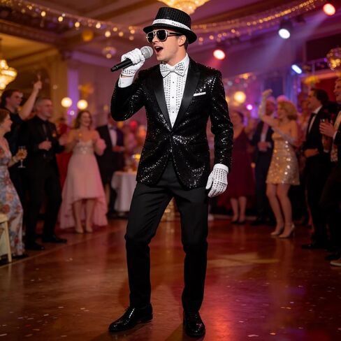 70s 80s Disco Costume Mens Dance Star Pop Star 5 Pcs Pop Rockstar Black Hat Glasses Bow Tie Sequins Gloves Microphone Set in Kuwait