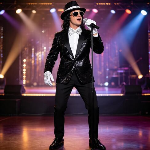70s 80s Disco Costume Mens Dance Star Pop Star 5 Pcs Pop Rockstar Black Hat Glasses Bow Tie Sequins Gloves Microphone Set in Kuwait