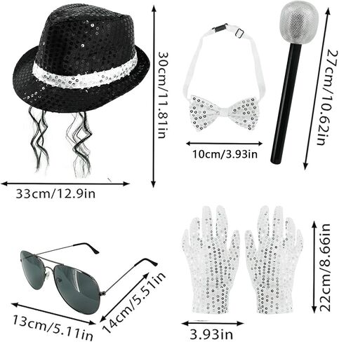 70s 80s Disco Costume Mens Dance Star Pop Star 5 Pcs Pop Rockstar Black Hat Glasses Bow Tie Sequins Gloves Microphone Set in Kuwait