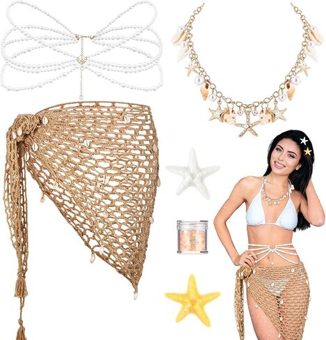 MJOGGOTT 6 Pcs Summer Mermaid Costume Accessories Set Women Cover up Beach Hand Crochet Skirt Shell Necklace Starfish Pearl Hair Clips and Mermaid Glitter for Women Halloween Cosplay Party in Saudi Arabia