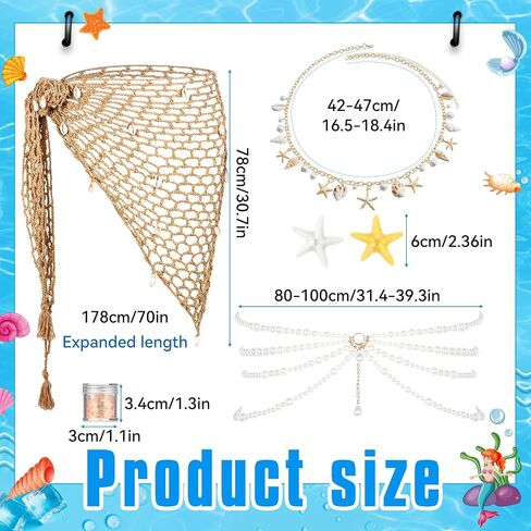 MJOGGOTT 6 Pcs Summer Mermaid Costume Accessories Set Women Cover up Beach Hand Crochet Skirt Shell Necklace Starfish Pearl Hair Clips and Mermaid Glitter for Women Halloween Cosplay Party in Saudi Arabia