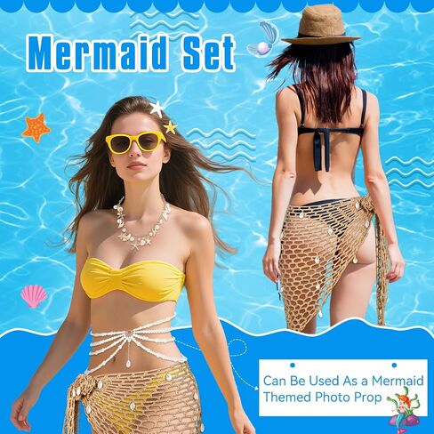 MJOGGOTT 6 Pcs Summer Mermaid Costume Accessories Set Women Cover up Beach Hand Crochet Skirt Shell Necklace Starfish Pearl Hair Clips and Mermaid Glitter for Women Halloween Cosplay Party in Saudi Arabia
