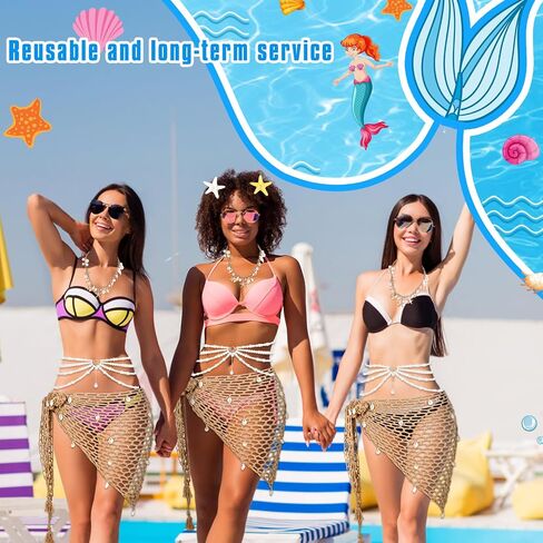 MJOGGOTT 6 Pcs Summer Mermaid Costume Accessories Set Women Cover up Beach Hand Crochet Skirt Shell Necklace Starfish Pearl Hair Clips and Mermaid Glitter for Women Halloween Cosplay Party in Saudi Arabia