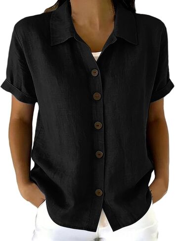 قمصان نسائية بياقة بأزرار سفلية أنيقة وياقة طية صدر السترة كاجوال بأكمام قصيرة قمصان صيفية كاجوال سادة in Kuwait