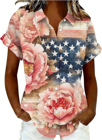 4th of July Shirts for Women 250 Years Patriotic Shirts Short Sleeve Button Down Shirt Casual Collared Tops T-Shirt in Saudi Arabia