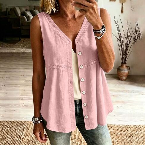 hlysgo Womens Sleeveless Tank Tops Cotton Linen Button Down Shirts Elegant Ladies Office Work V Neck Tops Gauze Shirts in Saudi Arabia