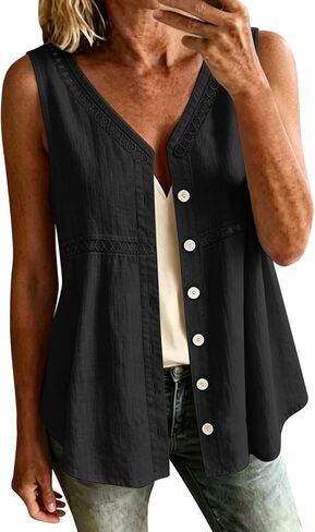 hlysgo Womens Sleeveless Tank Tops Cotton Linen Button Down Shirts Elegant Ladies Office Work V Neck Tops Gauze Shirts in Saudi Arabia