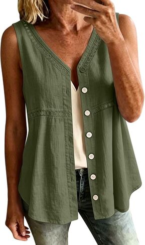 hlysgo Womens Sleeveless Tank Tops Cotton Linen Button Down Shirts Elegant Ladies Office Work V Neck Tops Gauze Shirts in Saudi Arabia