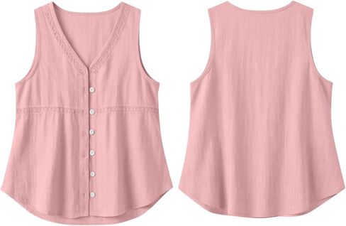 hlysgo Womens Sleeveless Tank Tops Cotton Linen Button Down Shirts Elegant Ladies Office Work V Neck Tops Gauze Shirts in Saudi Arabia