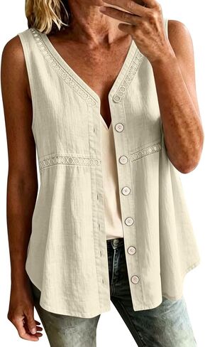 hlysgo Womens Sleeveless Tank Tops Cotton Linen Button Down Shirts Elegant Ladies Office Work V Neck Tops Gauze Shirts in Saudi Arabia