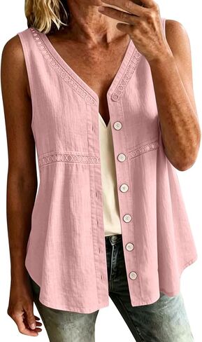 hlysgo Womens Sleeveless Tank Tops Cotton Linen Button Down Shirts Elegant Ladies Office Work V Neck Tops Gauze Shirts in Saudi Arabia