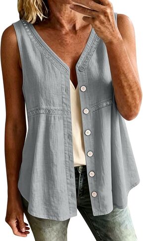 hlysgo Womens Sleeveless Tank Tops Cotton Linen Button Down Shirts Elegant Ladies Office Work V Neck Tops Gauze Shirts in Saudi Arabia