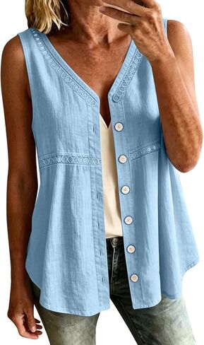 hlysgo Womens Sleeveless Tank Tops Cotton Linen Button Down Shirts Elegant Ladies Office Work V Neck Tops Gauze Shirts in Saudi Arabia