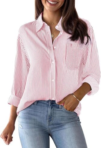 Striped Button Down Shirts for Women Cotton Dress Shirts Long Sleeve Collared Blouses Work Business Casual Tops in Saudi Arabia