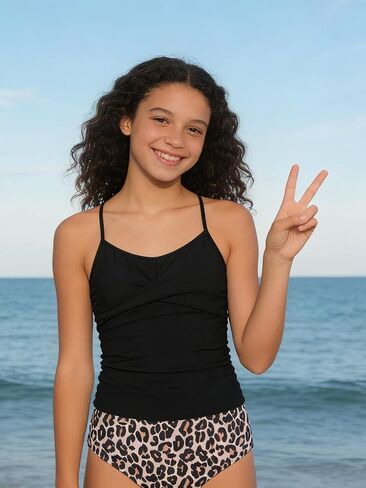LKALPSQ Girls Tankini Swimsuit 2 Piece Set Teens Halterneck Bathing Suits Printed Tankini Set Black 12 Years in Kuwait