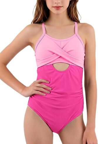 Yimoon Girls Swimsuit Teen Grils One Piece Swimsuits Ruched Bathing Suits Adjustable Straps Padded Cute Swimwear 9-18Y in Kuwait