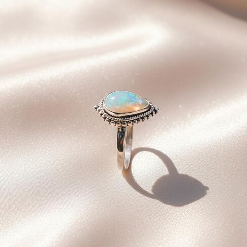 Pear Ethiopian Opal Rainbow Stone 925 Sterling Silver Handmade Promise Ring Jewelry Gift For Her in Kuwait