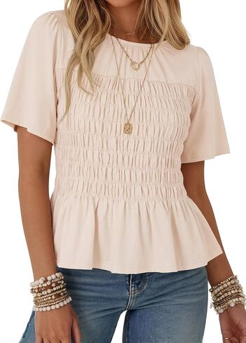 Watashi Women Summer Tops Smocked Elastic Pleated Peplum Ruffle Hem Short Sleeve Babydoll Top Casual Crewneck Blouse in Saudi Arabia