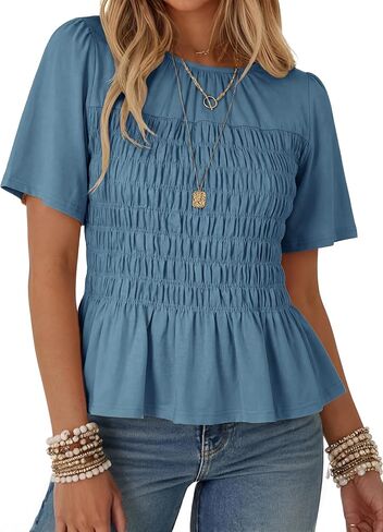 Watashi Women Summer Tops Smocked Elastic Pleated Peplum Ruffle Hem Short Sleeve Babydoll Top Casual Crewneck Blouse in Saudi Arabia