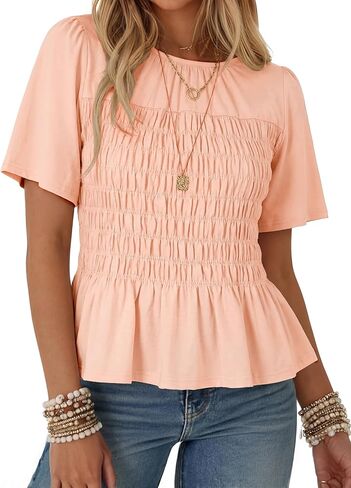 Watashi Women Summer Tops Smocked Elastic Pleated Peplum Ruffle Hem Short Sleeve Babydoll Top Casual Crewneck Blouse in Saudi Arabia