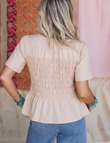 Watashi Women Summer Tops Smocked Elastic Pleated Peplum Ruffle Hem Short Sleeve Babydoll Top Casual Crewneck Blouse in Saudi Arabia