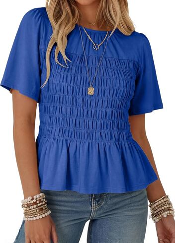 Watashi Women Summer Tops Smocked Elastic Pleated Peplum Ruffle Hem Short Sleeve Babydoll Top Casual Crewneck Blouse in Saudi Arabia