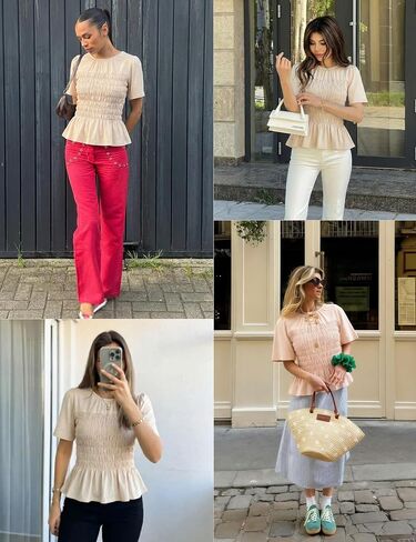 Watashi Women Summer Tops Smocked Elastic Pleated Peplum Ruffle Hem Short Sleeve Babydoll Top Casual Crewneck Blouse in Saudi Arabia