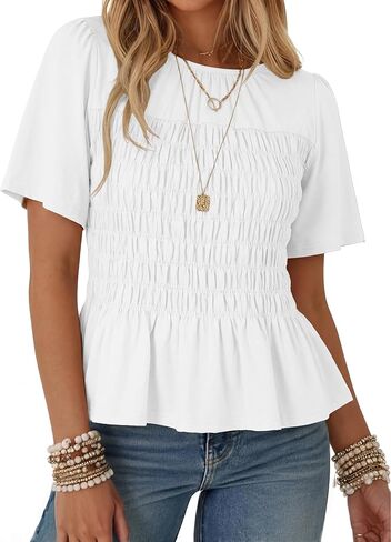 Watashi Women Summer Tops Smocked Elastic Pleated Peplum Ruffle Hem Short Sleeve Babydoll Top Casual Crewneck Blouse in Saudi Arabia