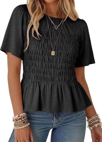 Watashi Women Summer Tops Smocked Elastic Pleated Peplum Ruffle Hem Short Sleeve Babydoll Top Casual Crewneck Blouse in Saudi Arabia