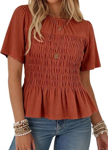 Watashi Women Summer Tops Smocked Elastic Pleated Peplum Ruffle Hem Short Sleeve Babydoll Top Casual Crewneck Blouse in Saudi Arabia