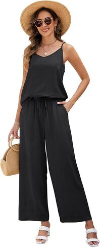 Womens 2 Piece Linen Lounge Set Summer Casual V Neck Tank Top Matching Wide Leg Pants Set Beach Travel Vacation Outfit in Saudi Arabia