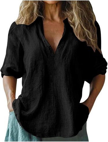 Linen Blouses for Women Summer Casual 3/4 Length Sleeve Tops V Neck Loose Fit Cotton Spring Tops Vacation Clothes in Saudi Arabia
