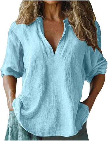 Linen Blouses for Women Summer Casual 3/4 Length Sleeve Tops V Neck Loose Fit Cotton Spring Tops Vacation Clothes in Saudi Arabia