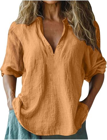 Linen Blouses for Women Summer Casual 3/4 Length Sleeve Tops V Neck Loose Fit Cotton Spring Tops Vacation Clothes in Saudi Arabia