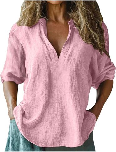 Linen Blouses for Women Summer Casual 3/4 Length Sleeve Tops V Neck Loose Fit Cotton Spring Tops Vacation Clothes in Saudi Arabia