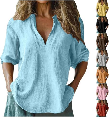 Linen Blouses for Women Summer Casual 3/4 Length Sleeve Tops V Neck Loose Fit Cotton Spring Tops Vacation Clothes in Saudi Arabia