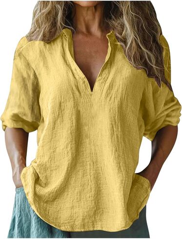 Linen Blouses for Women Summer Casual 3/4 Length Sleeve Tops V Neck Loose Fit Cotton Spring Tops Vacation Clothes in Saudi Arabia